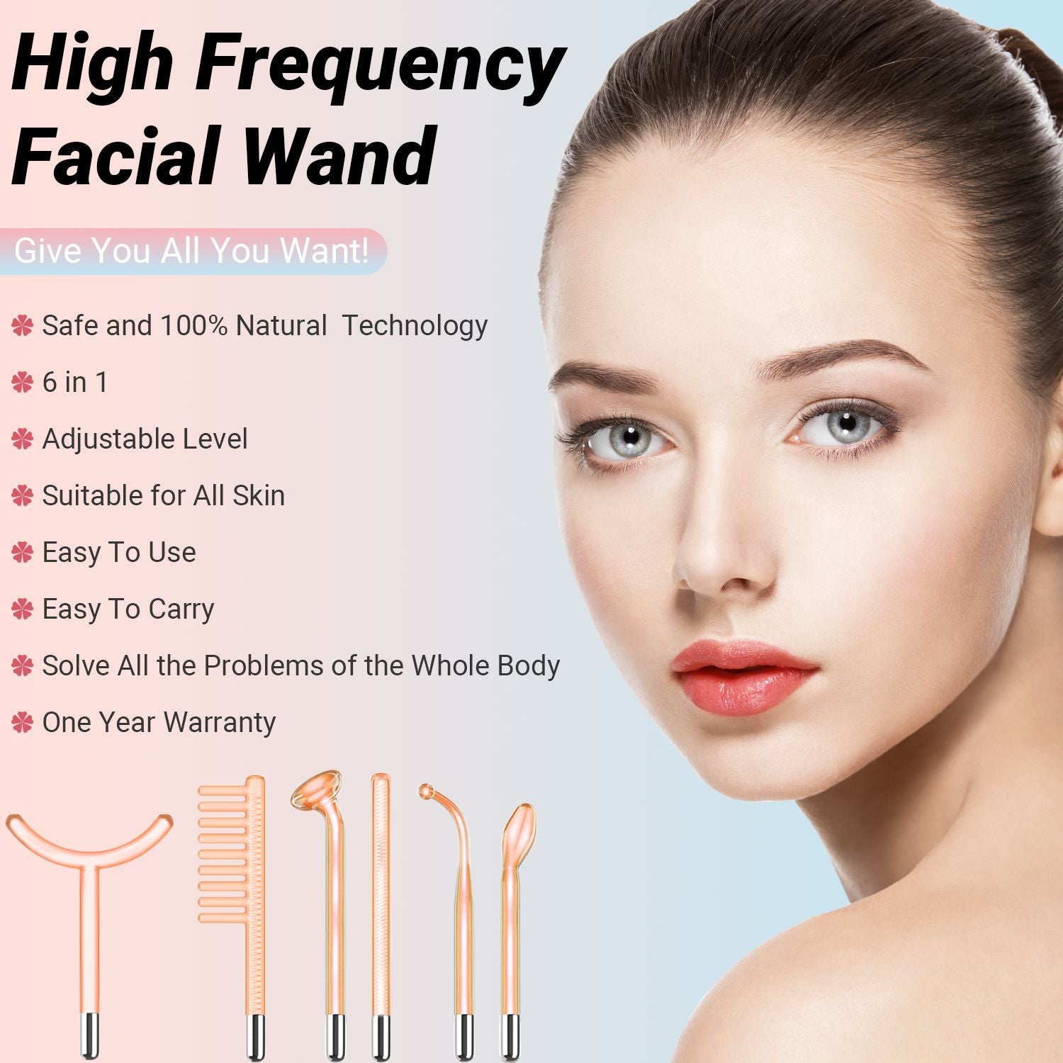 High Frequency Facial Wand Devices with 6 Glass Tubes For Micro-care Skin Care