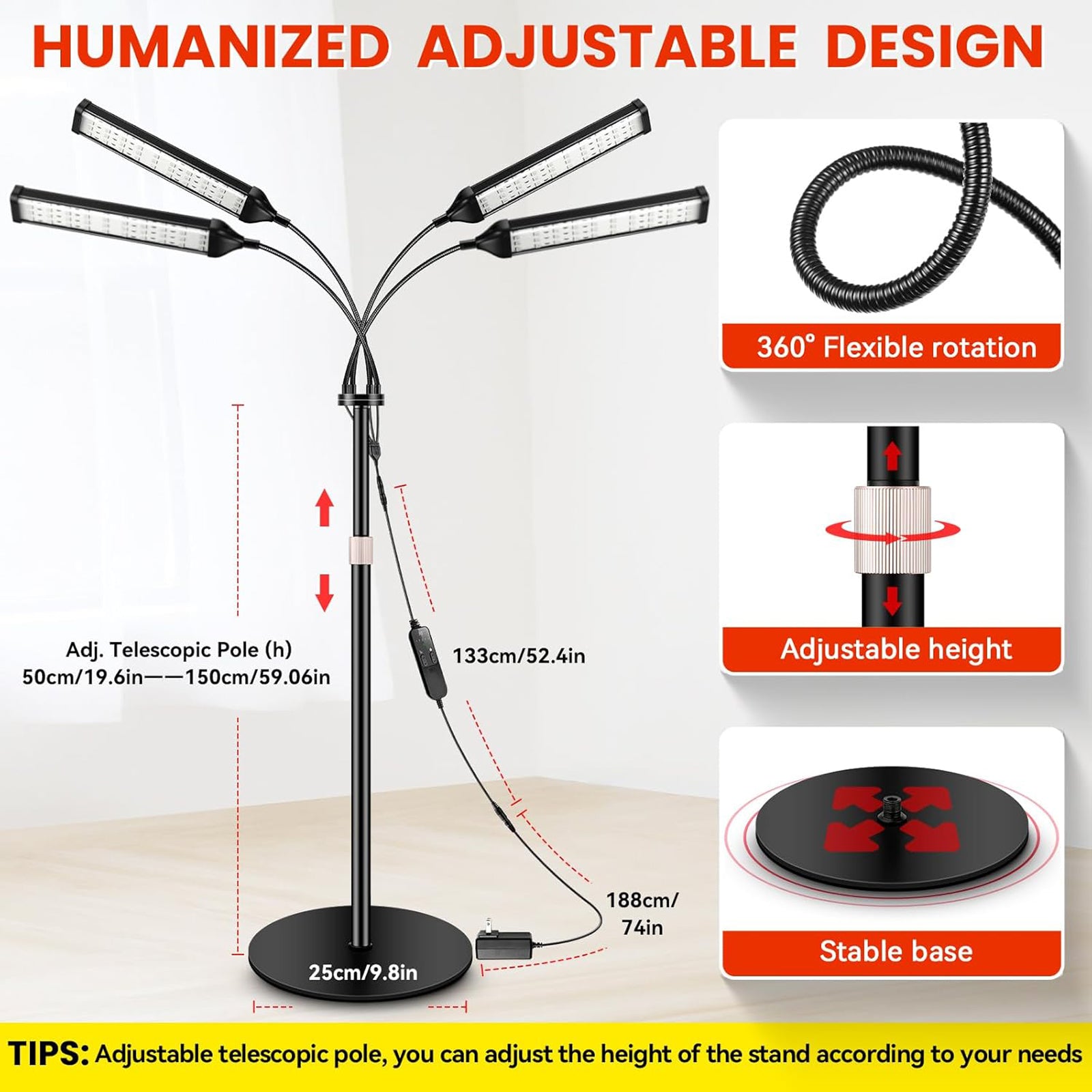 Red Light Therapy Lamp,4 Head Infrared Light Therapy for Body Device with Adjustable Stand